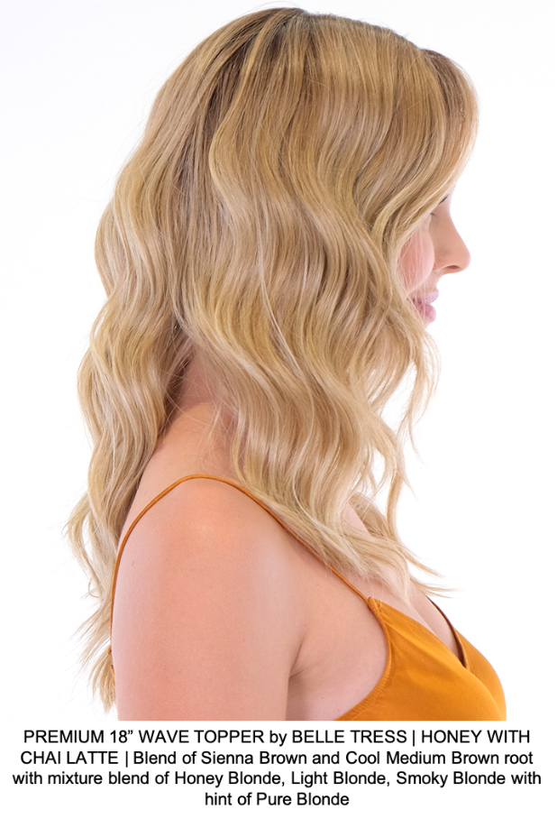 PREMIUM 18” WAVE TOPPER by BELLE TRESS | HONEY WITH CHAI LATTE | Blend of Sienna Brown and Cool Medium Brown root with mixture blend of Honey Blonde, Light Blonde, Smoky Blonde with hint of Pure Blonde 