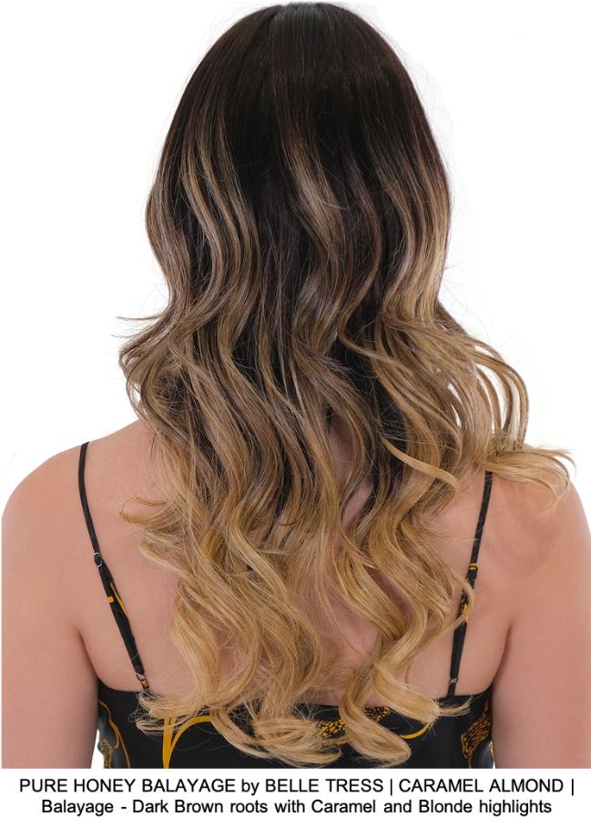 PURE HONEY BALAYAGE by BELLE TRESS | CARAMEL ALMOND | Balayage - Dark Brown roots with Caramel and Blonde highlights 