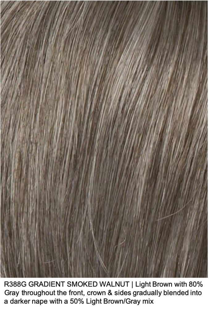 R388G GRADIENT SMOKED WALNUT | Light Brown with 80% Gray throughout the front, crown & sides gradually blended into a darker nape with a 50% Light Brown/Gray mix