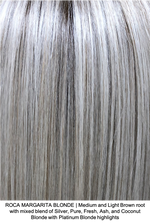 ROCA MARGARITA BLONDE | Medium and Light Brown root with mixed blend of Silver, Pure, Fresh, Ash, and Coconut Blonde with Platinum Blonde highlights