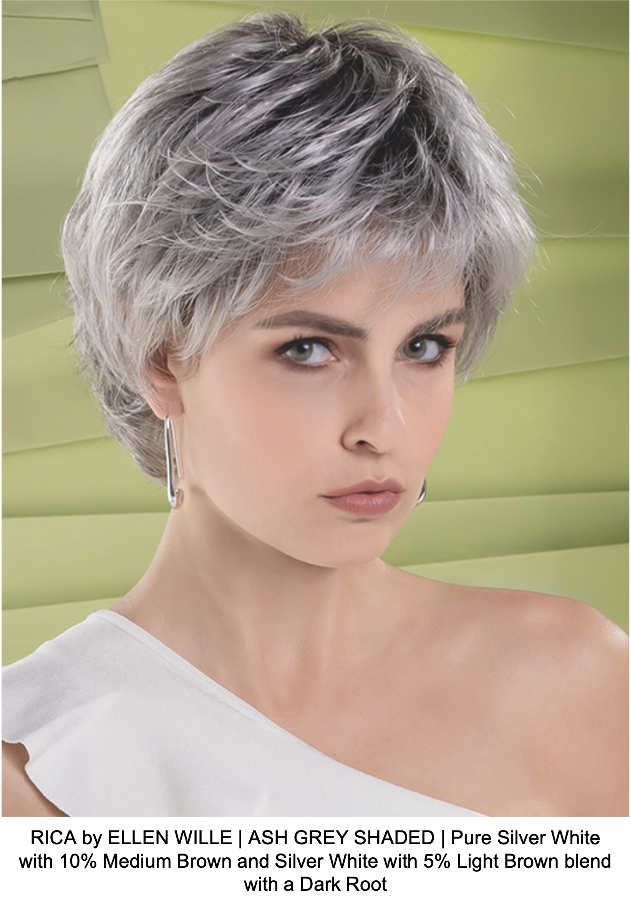RICA by ELLEN WILLE | ASH GREY SHADED | Pure Silver White with 10% Medium Brown and Silver White with 5% Light Brown blend with a Dark Root