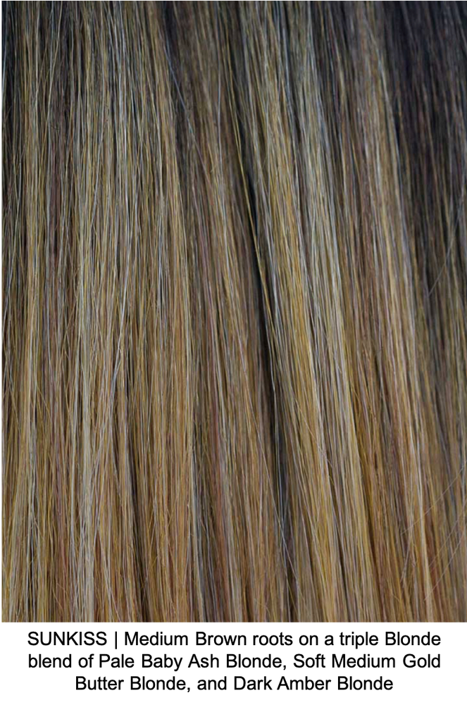 SUNKISS | Medium Brown roots on a triple Blonde blend of Pale Baby Ash Blonde, Soft Medium Gold Butter Blonde, and Dark Amber Blonde