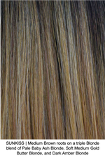 SUNKISS | Medium Brown roots on a triple Blonde blend of Pale Baby Ash Blonde, Soft Medium Gold Butter Blonde, and Dark Amber Blonde