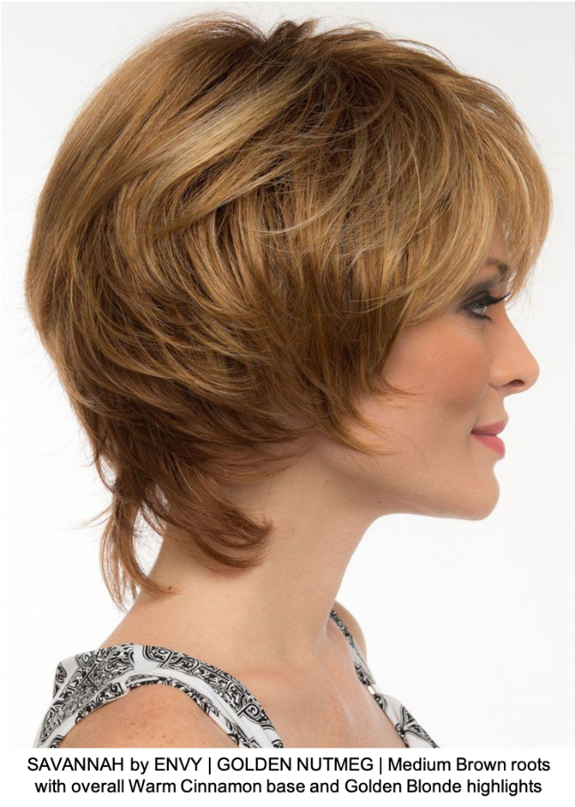 SAVANNAH by ENVY | GOLDEN NUTMEG | Medium Brown roots with overall Warm Cinnamon base and Golden Blonde highlights