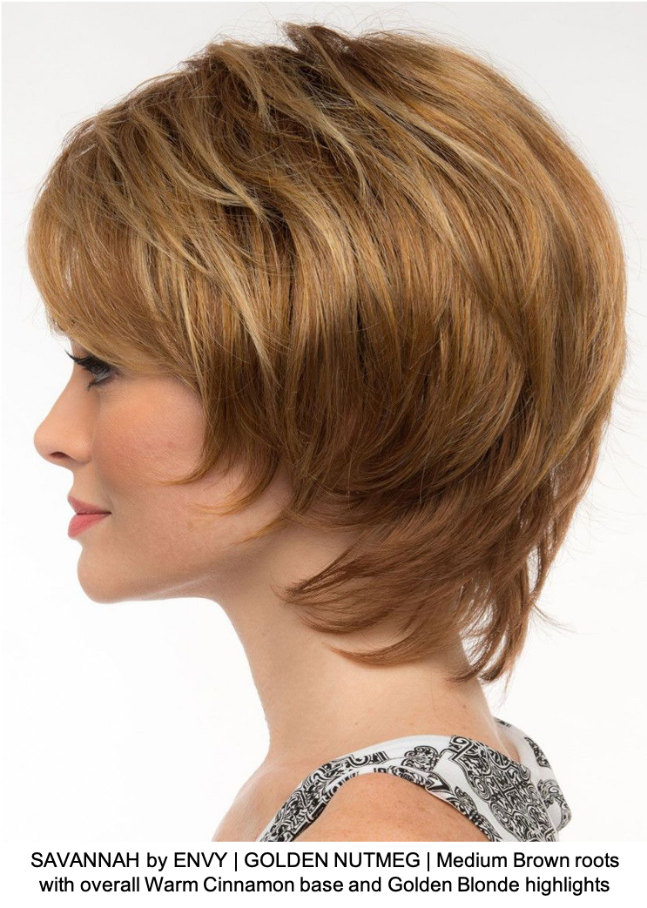 SAVANNAH by ENVY | GOLDEN NUTMEG | Medium Brown roots with overall Warm Cinnamon base and Golden Blonde highlights