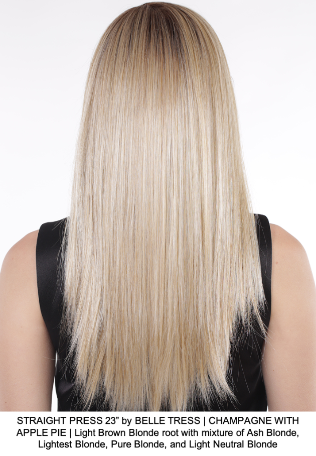 STRAIGHT PRESS 23” by BELLE TRESS | CHAMPAGNE WITH APPLE PIE | Light Brown Blonde root with mixture of Ash Blonde, Lightest Blonde, Pure Blonde, and Light Neutral Blonde 