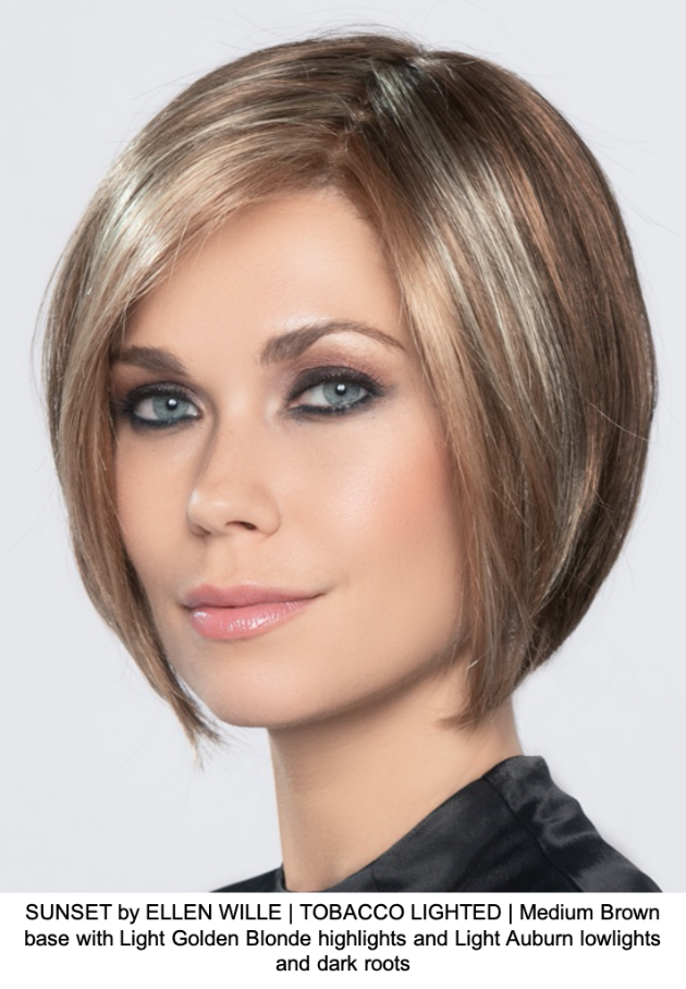 SUNSET by ELLEN WILLE | TOBACCO LIGHTED | Medium Brown base with Light Golden Blonde highlights and Light Auburn lowlights and dark roots