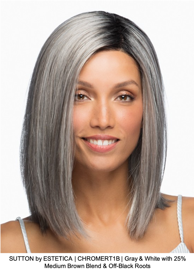 SUTTON by ESTETICA | CHROMERT1B | Gray & White with 25% Medium Brown Blend & Off-Black Roots