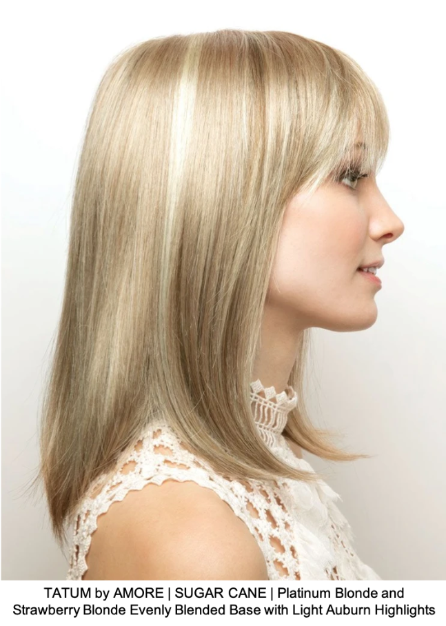TATUM by AMORE | SUGAR CANE | Platinum Blonde and Strawberry Blonde Evenly Blended Base with Light Auburn Highlights