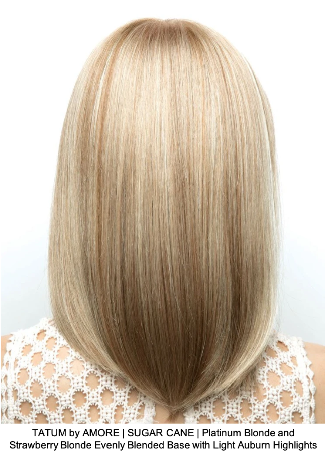 TATUM by AMORE | SUGAR CANE | Platinum Blonde and Strawberry Blonde Evenly Blended Base with Light Auburn Highlights