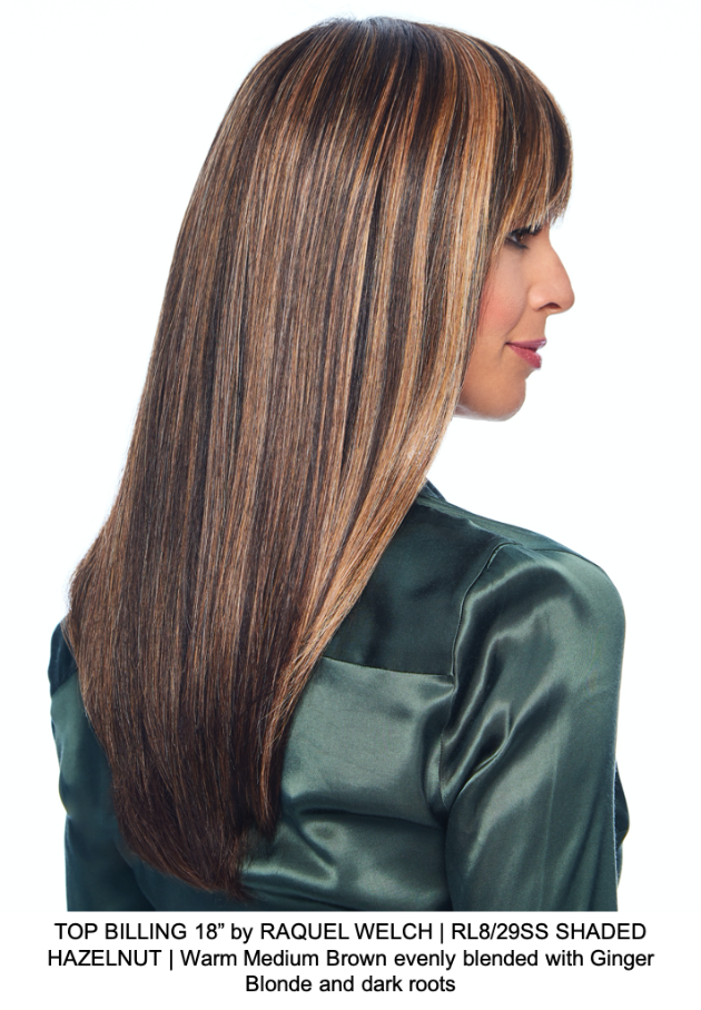 TOP BILLING 18” by RAQUEL WELCH | RL8/29SS SHADED HAZELNUT | Warm Medium Brown evenly blended with Ginger Blonde and dark roots 