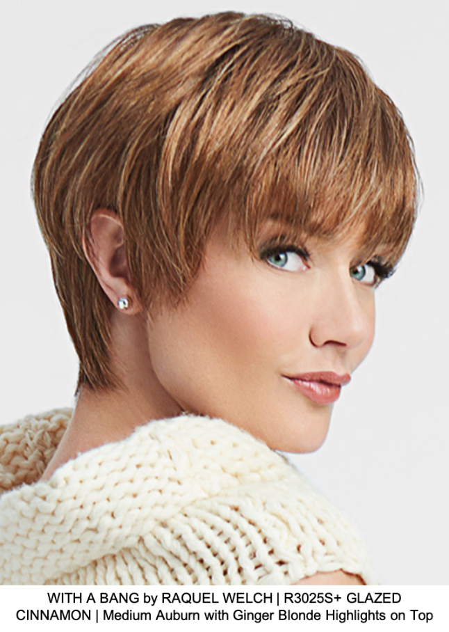 WITH A BANG by RAQUEL WELCH | R3025S+ GLAZED CINNAMON | Medium Auburn with Ginger Blonde Highlights on Top